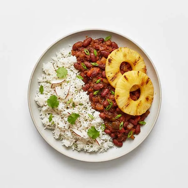 Tropical Jerk Bean Medley with Charred Pineapple Rings & Cilantro-Infused Coconut Pilaf